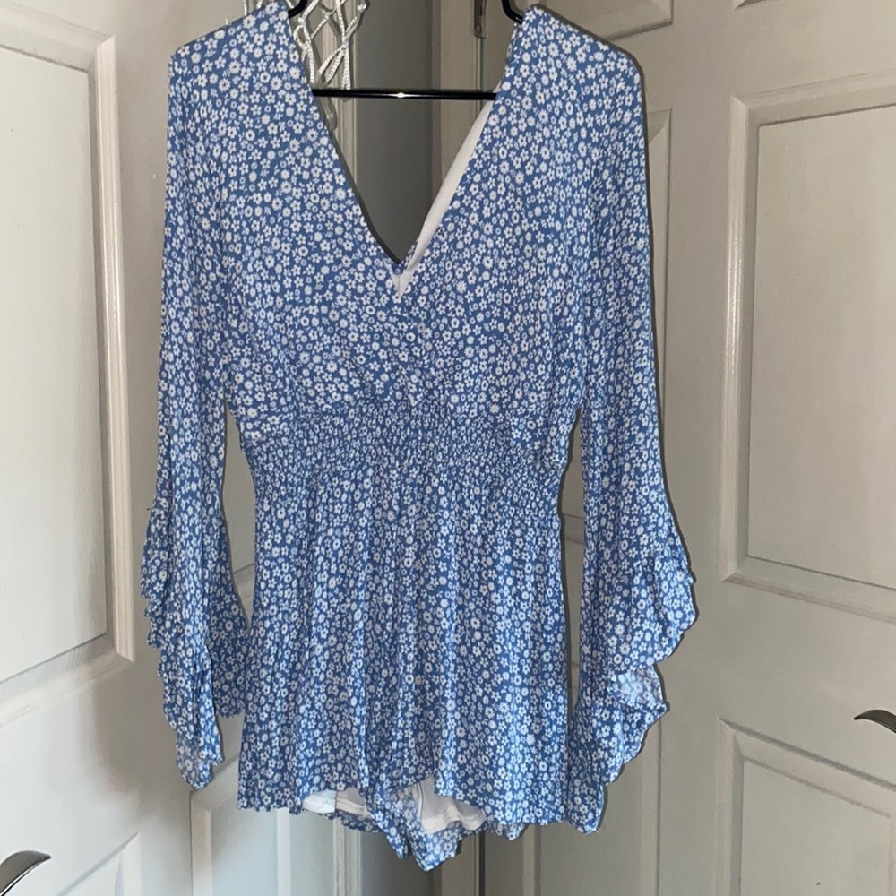 blue Floral long sleeved romper